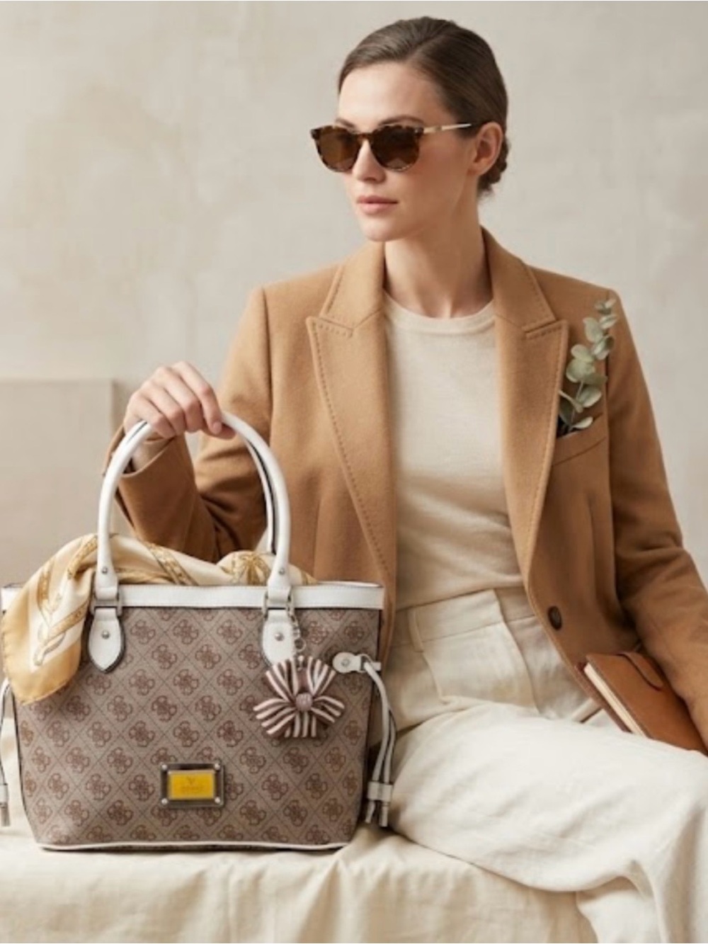 Guess. Classic Beige Patterned Tote Bag with White Trim
